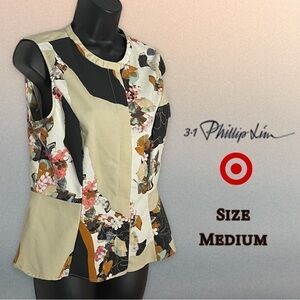 3.1 Phillip Lim for Target Khaki Floral Patchwork Zip Peplum Vest Blouse Medium